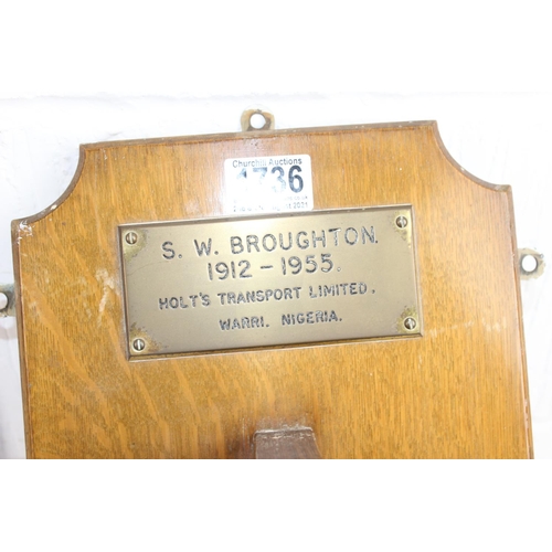 1736 - Brass ship's bell on oak plaque, marked S.W. Broughton 1912-1955, Holt's Transport Limited, Warri, N... 