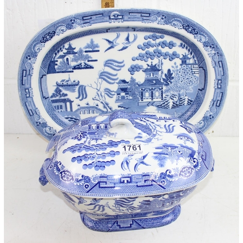 1761 - 19th century Staffordshire Willow Pattern tureen and a Wedgwood Willow Pattern meat plate