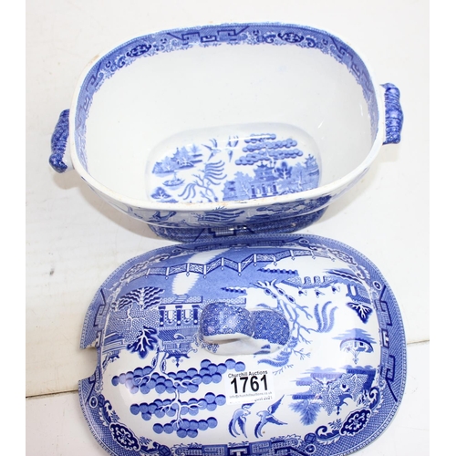 1761 - 19th century Staffordshire Willow Pattern tureen and a Wedgwood Willow Pattern meat plate