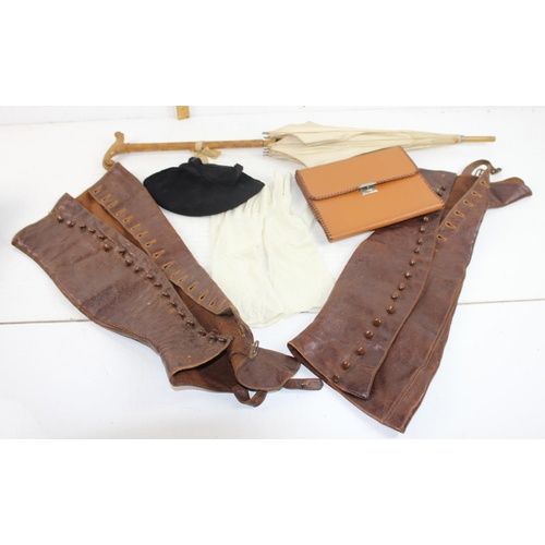 207 - Leather gaiters, vintage parasol etc