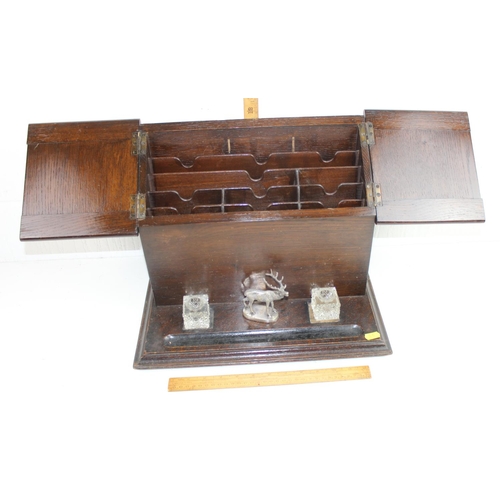 275 - Oak stationary box with inkwell and silver-plated stag decoration