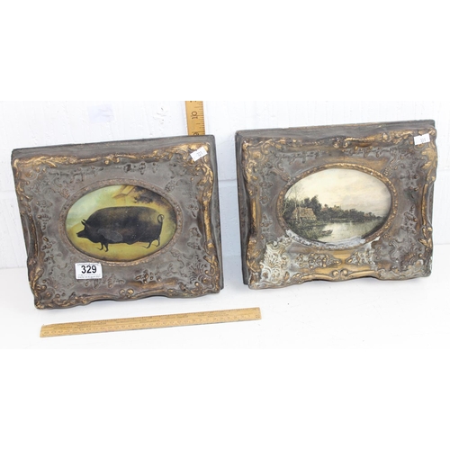 329 - 2 antique style gilt framed prints - pig & landscape