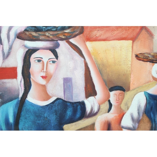 339 - C. Loft (20th century) - Cubist oil on board of fisherwomen at work