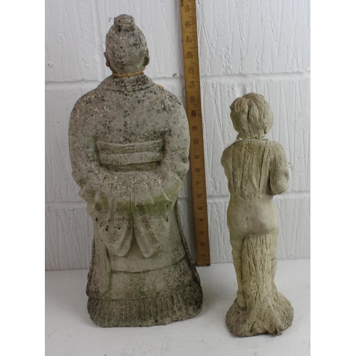 454 - 2 stone garden figures - Samurai and boy digging