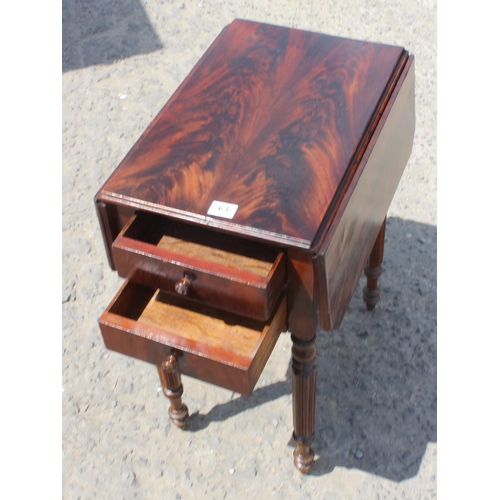 63 - Antique drop flap mahogany sewing table with 2 drawers