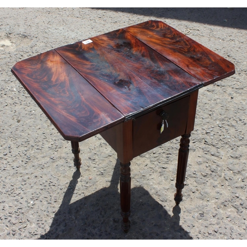 63 - Antique drop flap mahogany sewing table with 2 drawers