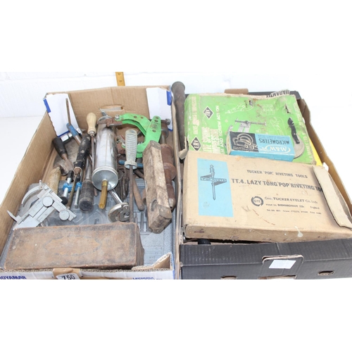 750 - 2 boxes of assorted tools to inc riveting gun