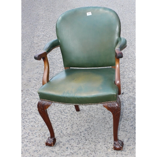 117 - 20th century open armchair with green leather seat and ball & claw feet