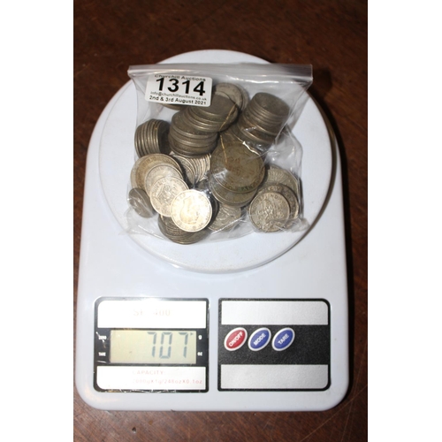 1314 - Large qty of half silver coins 1920-1946, 706g total