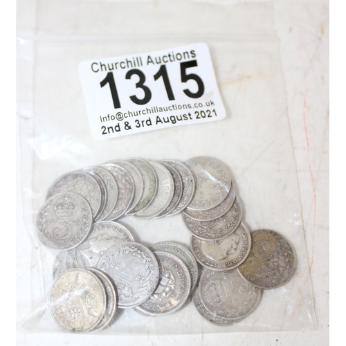 1315 - 30 assorted full and half silver 3d coins