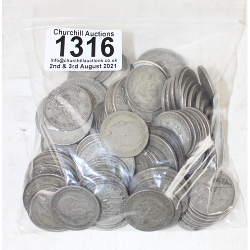 1316 - Large qty of half silver coins 1920-1946, 708g total