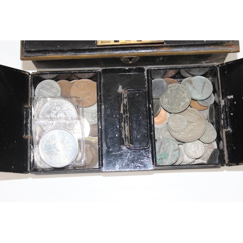 1317 - Vintage metal cash tin and contents - mainly British coins