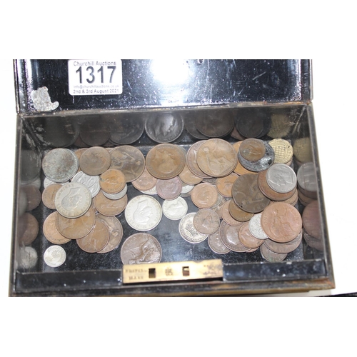 1317 - Vintage metal cash tin and contents - mainly British coins