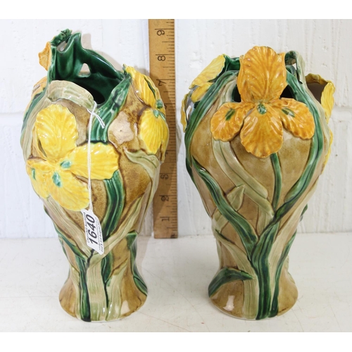 1640 - A pair of ceramic vases in the Art Nouveau style decorated with Iris, likely Continental.