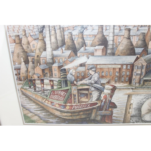 374 - After Phil Gibson - A large colour print of the Staffordshire pottery factories