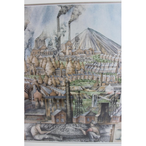 374 - After Phil Gibson - A large colour print of the Staffordshire pottery factories