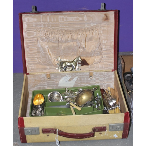 1134 - Suitcase of assorted metalware and silver-plated items to inc cutlery