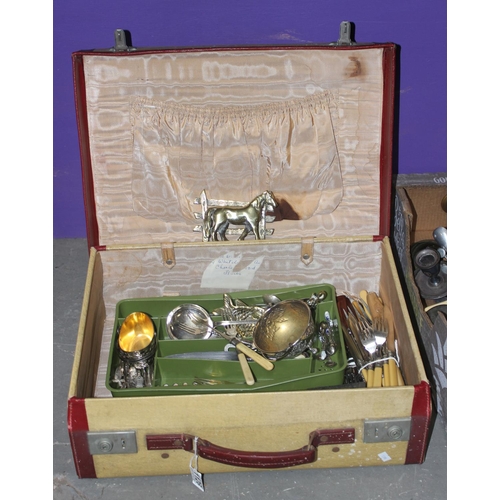 1134 - Suitcase of assorted metalware and silver-plated items to inc cutlery