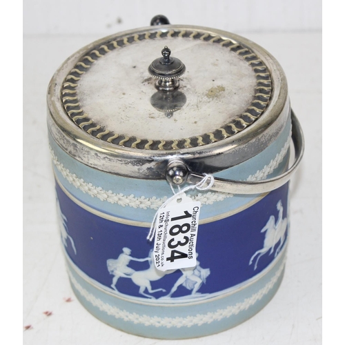 1675 - An unusual 3 colour antique Jasperware biscuit barrel with silver plated mounts by Brownhills Potter... 