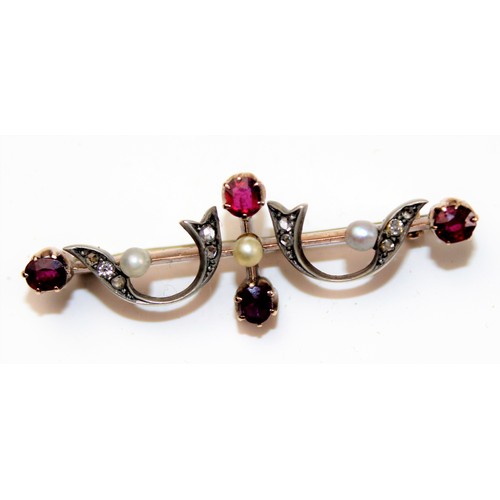 1299 - An antique white/ yellow metal brooch marked 0999 set with seed pearls, diamonds and pink stones (be... 