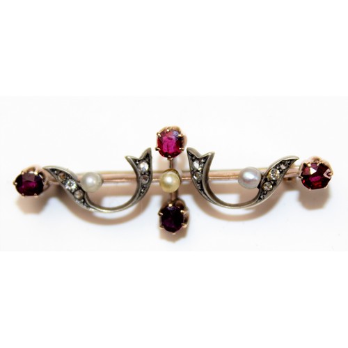 1299 - An antique white/ yellow metal brooch marked 0999 set with seed pearls, diamonds and pink stones (be... 