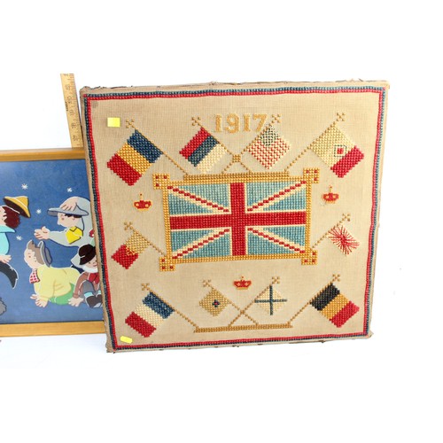 332 - Retro felt picture and 2 early 20th century tapestry pictures of Union Jack etc