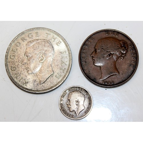 1318 - Coins - New Zealand 1949 crown, 1912 sixpence & 1848 penny