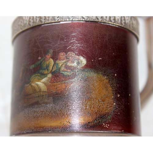 1127 - An extremely unusual Russian silver mug with hand painted or lacquer decoration depicting horses pul... 