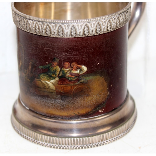 1127 - An extremely unusual Russian silver mug with hand painted or lacquer decoration depicting horses pul... 