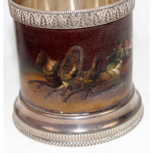 1127 - An extremely unusual Russian silver mug with hand painted or lacquer decoration depicting horses pul... 