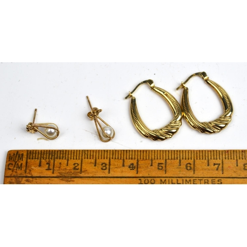 1257 - 2 Pairs 9ct gold earrings, 1 set hoops, 1 set pearl - 1.9g gross