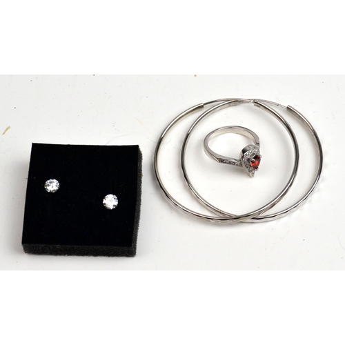 1271 - Pair of silver hoop earrings, silver ring and silver studs