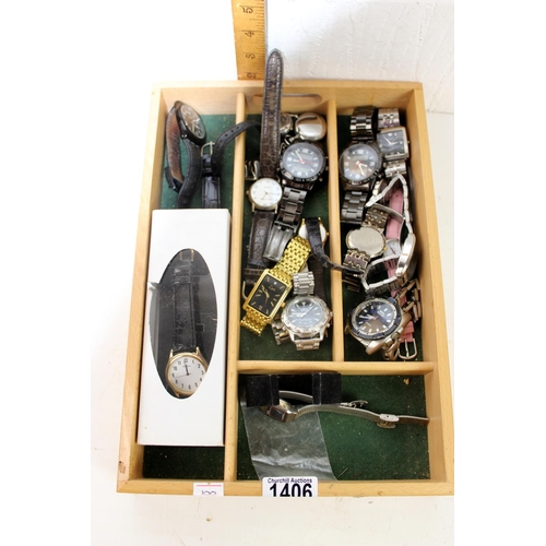 1406 - Wooden tray of assorted watches