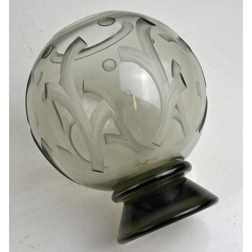 1671 - A rare 1930's Orrefors globular vase by Simon Gate, on a round base, smoky glass with geometric deco... 