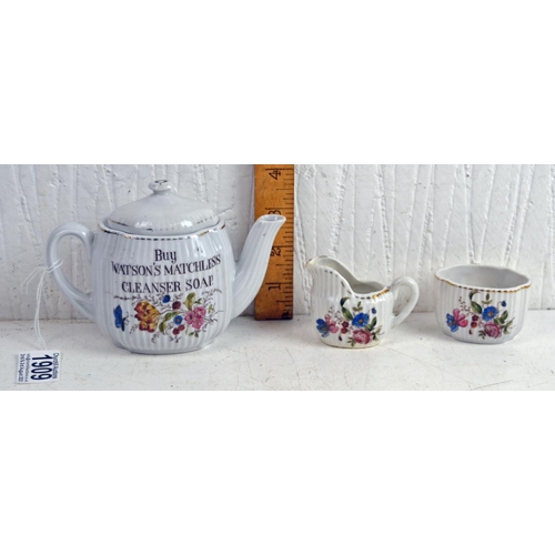 1909 - A 19th century miniature teapot, cream jug and sugar bowl advertising 