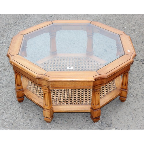 151 - 2 pairs of padded wrought iron stools, Octagonal glass and Bergere coffee table & A small oval Mahog... 