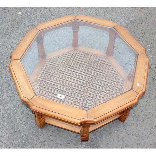 151 - 2 pairs of padded wrought iron stools, Octagonal glass and Bergere coffee table & A small oval Mahog... 