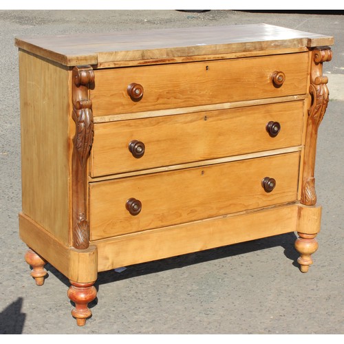 2 - Vintage pine 3 drawer chest of drawers with decorative mouldings on base