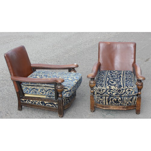 7 - A pair of Art Deco period low Library Chairs with leather/ leatherette arms and backs and fabric cus... 