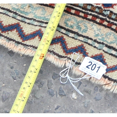 201 - A colourful vintage red and blue ground rug with 3 central medallions and Geometric border