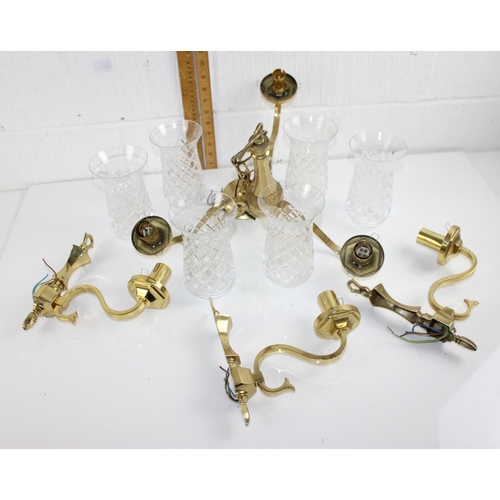 261 - Brass chandelier and wall lights with cut glass shades