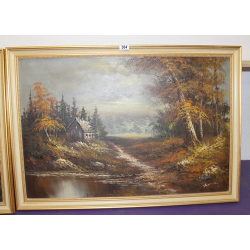 304 - 2 Large oil on canvas paintings - Distant Light signed Jackson & oil on canvas - Mountain Peak signe... 