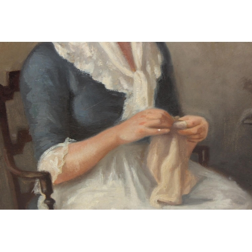 325 - A 20th century oil on board of a lady sewing in gilt frame - unsigned