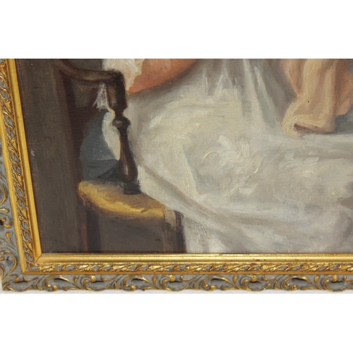 325 - A 20th century oil on board of a lady sewing in gilt frame - unsigned