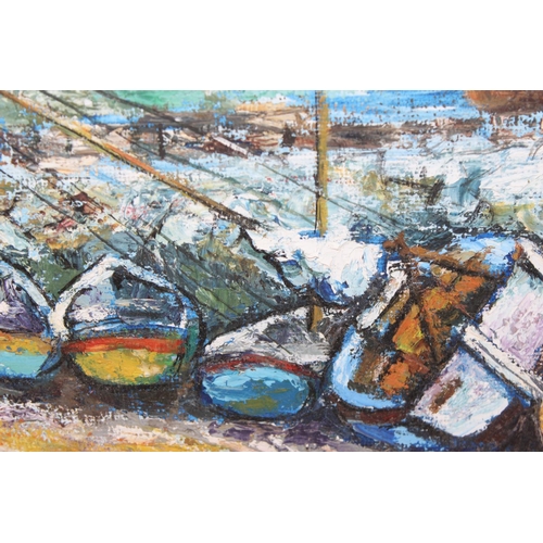 328 - Mary Banks - oil on board of boats in a harbour