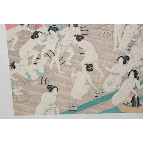 329 - Antique Japanese woodblock print in oak frame - Utagawa Yoshiiku, Japanese (1833-1904) Colour Woodbl... 