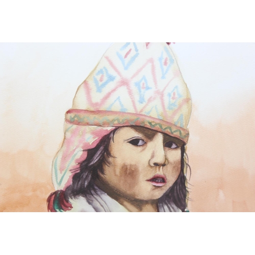 333 - A good quality watercolour of a Native American child - indistinctly signed