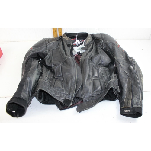 664 - Leather motorcycle jacket - size UK 40 and a box of vintage motorcycle photographs