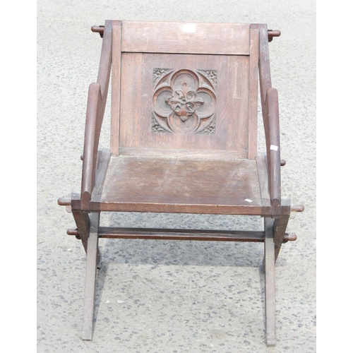 158 - An unusual antique oak Gothic style armchair with carved detail - Sold on behalf of Island Farm Donk... 