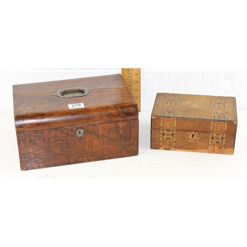 279 - 2 antique wooden workboxes